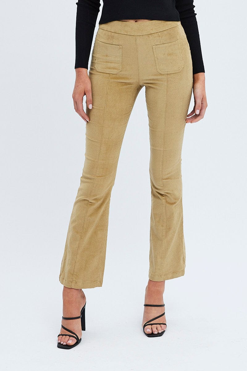 Camel Flare Leg Pants High Rise Corduroy for Ally Fashion