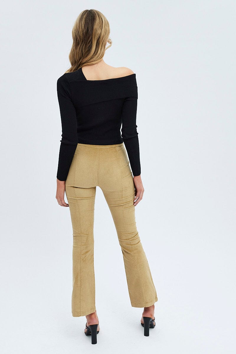 Camel Flare Leg Pants High Rise Corduroy for Ally Fashion