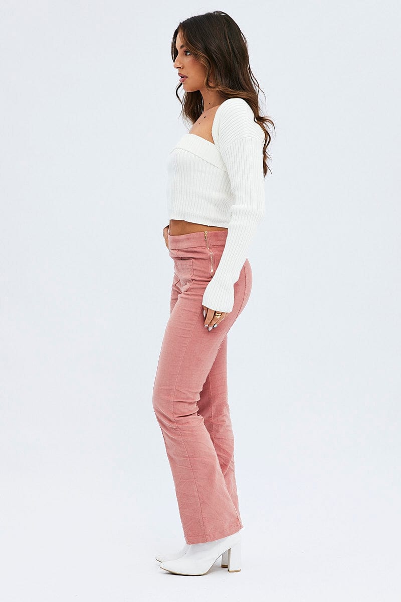 Pink Flare Leg Pants High Rise Corduroy for Ally Fashion
