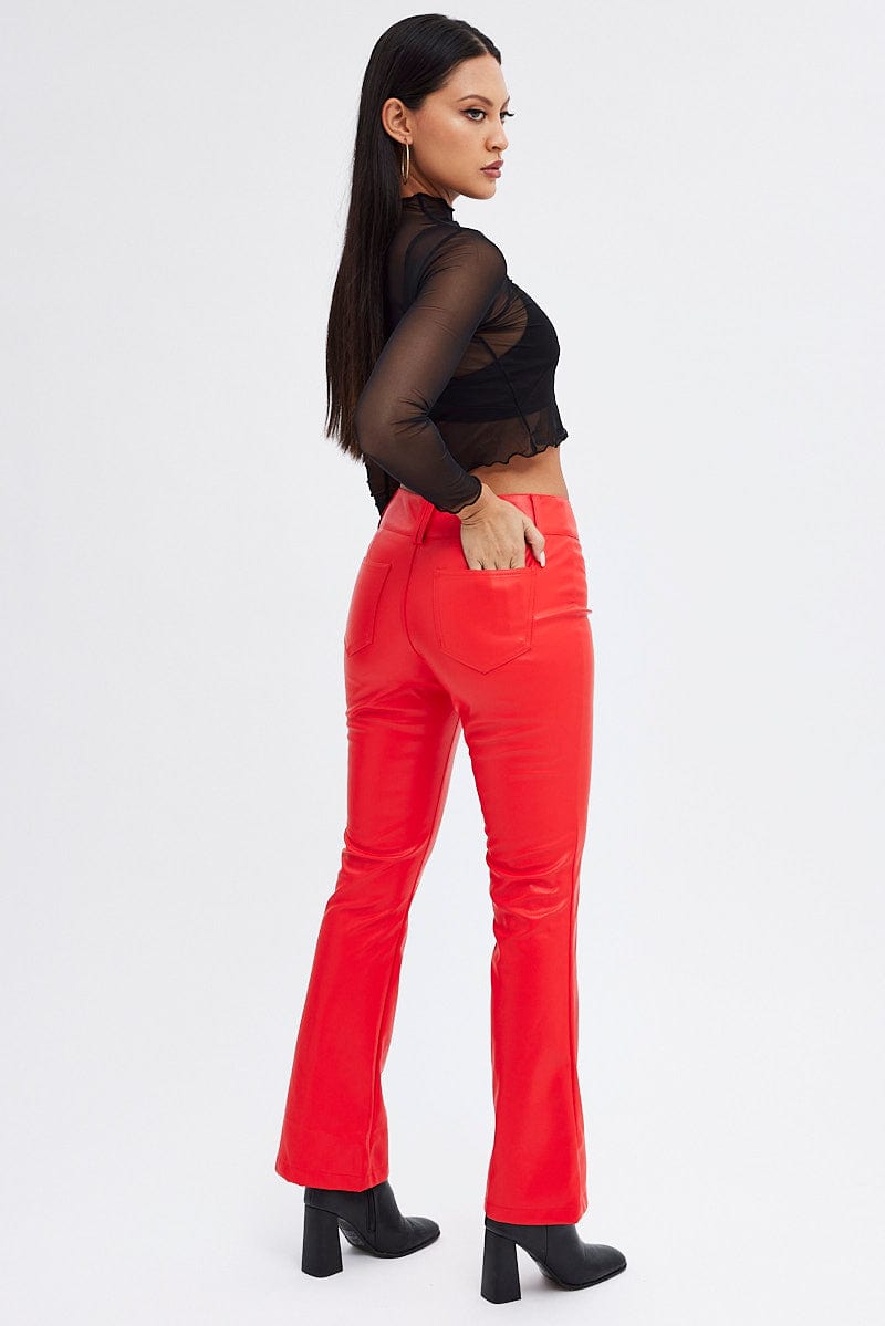 Red Flare Leg Pants Mid Rise Faux Leather