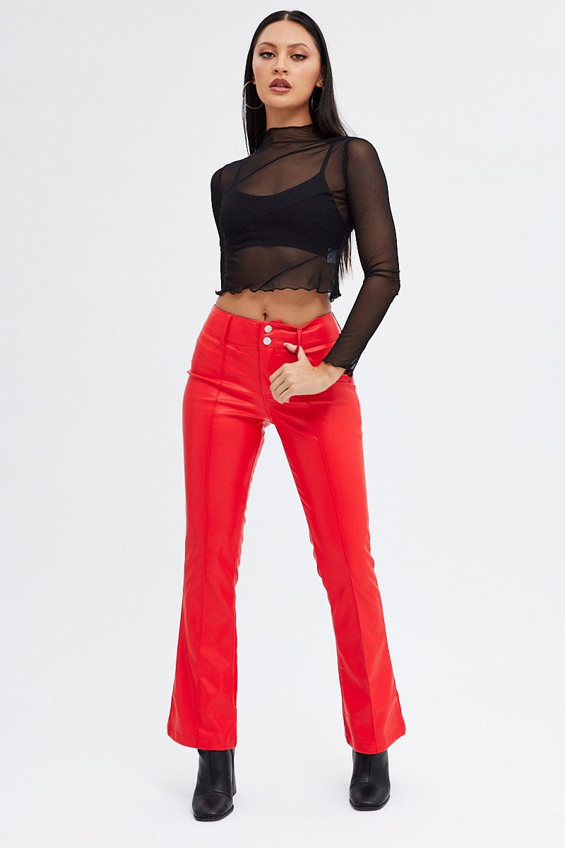 Red Flare Leg Pants Mid Rise Faux Leather for Ally Fashion