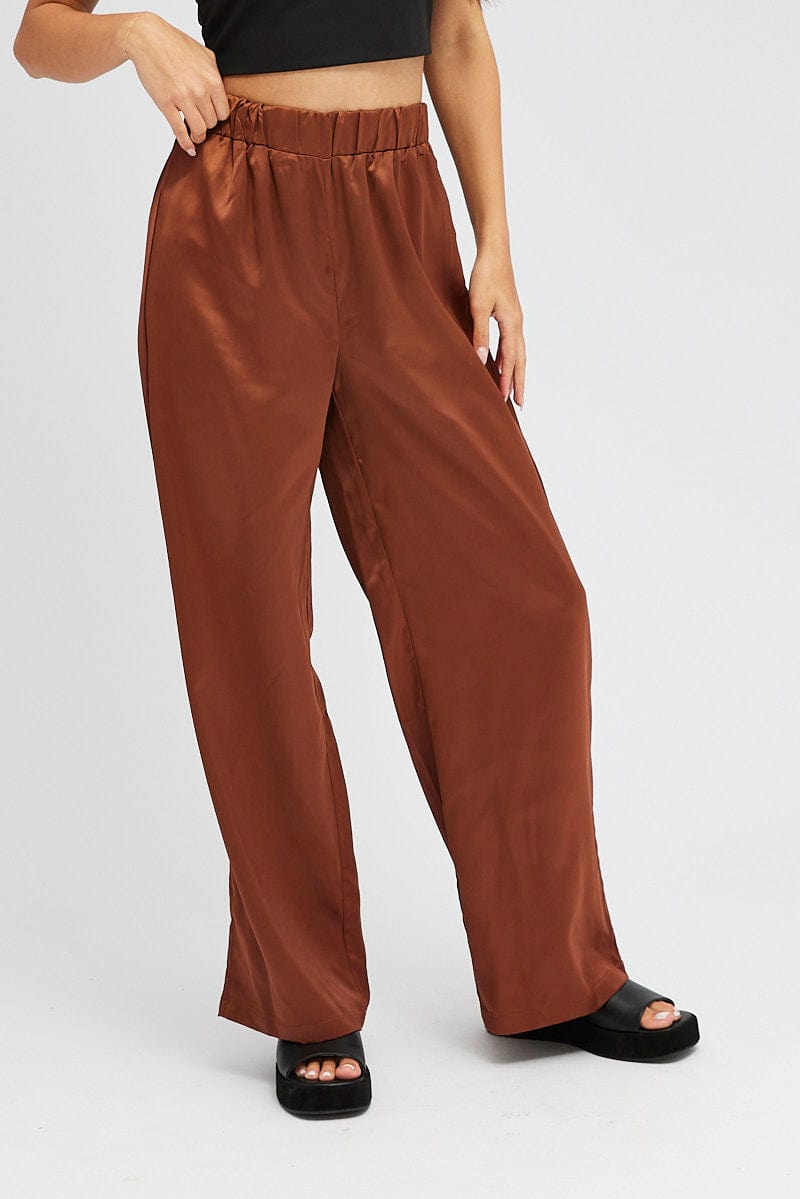Brown Wide Leg Pants High Rise Satin for Ally Fashion