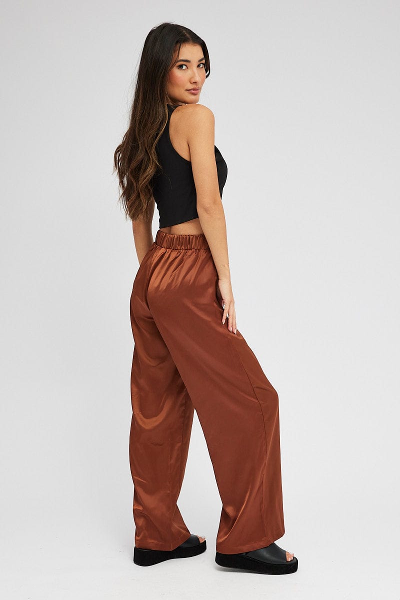 Brown Wide Leg Pants High Rise Satin for Ally Fashion