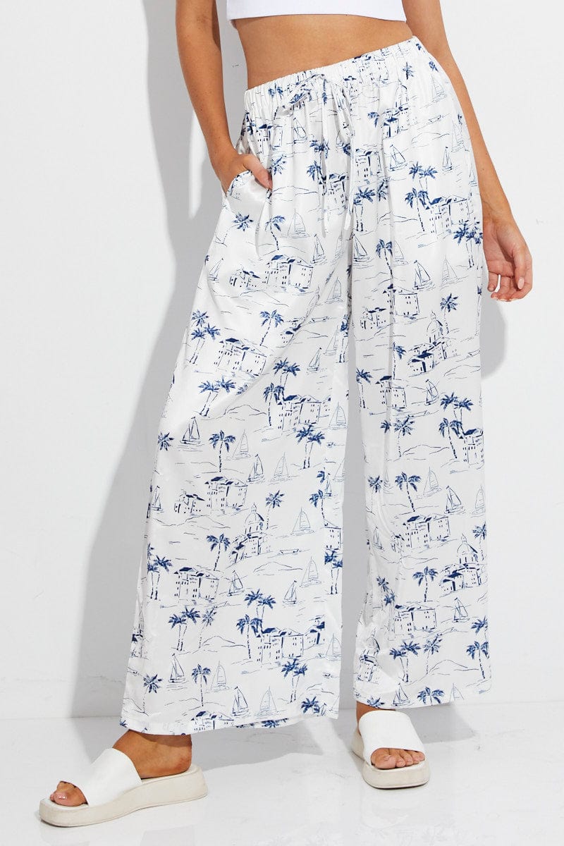 Blue Abstract Pant Elastic High Waist Wide Leg Printed Satin for Ally Fashion