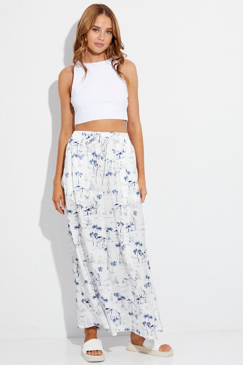 Blue Abstract Pant Elastic High Waist Wide Leg Printed Satin for Ally Fashion