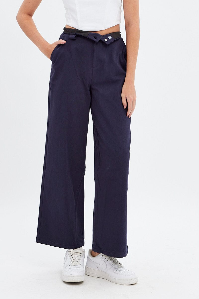 Blue Pant Straight Leg Turned Down Waist for Ally Fashion