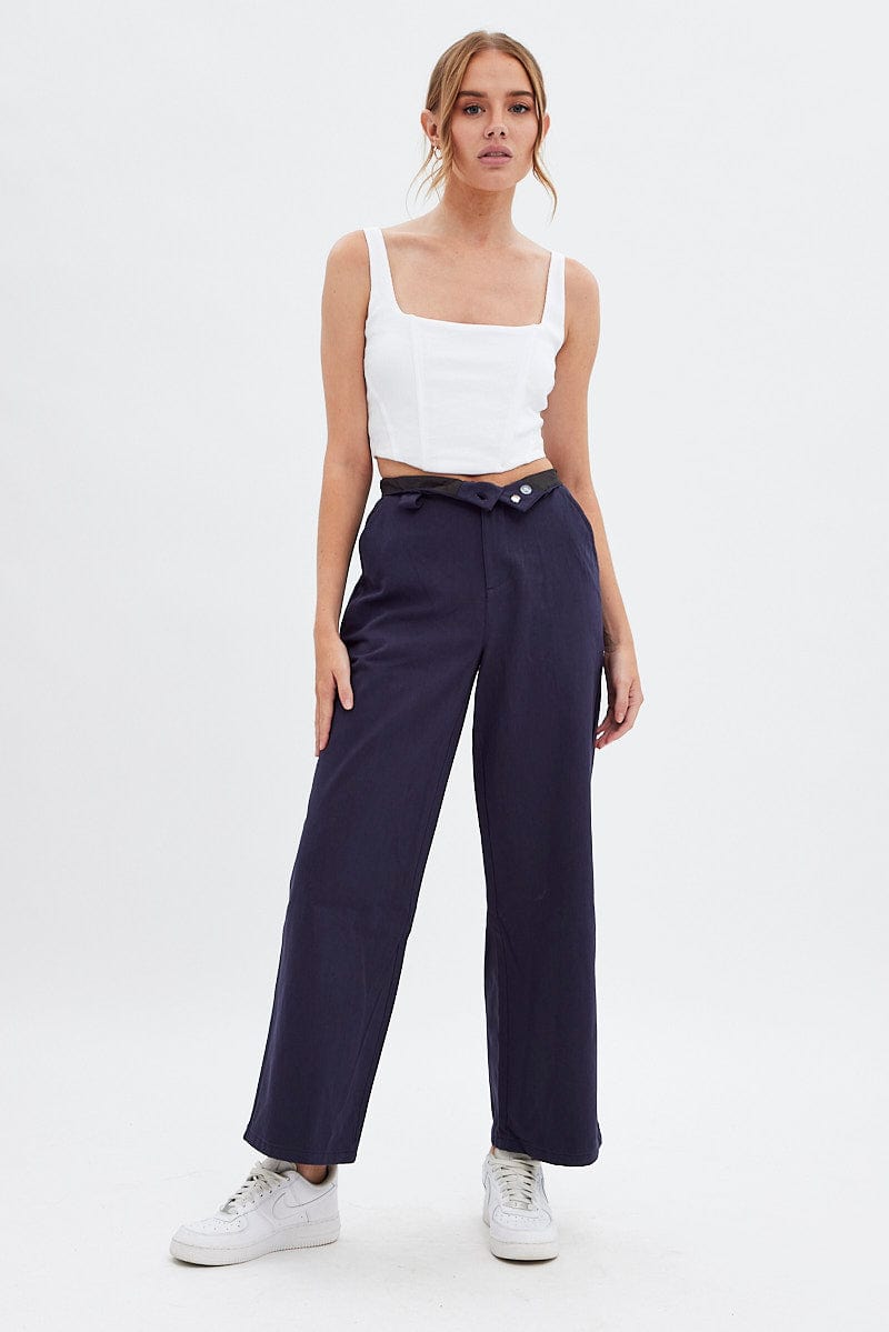 Blue Pant Straight Leg Turned Down Waist for Ally Fashion