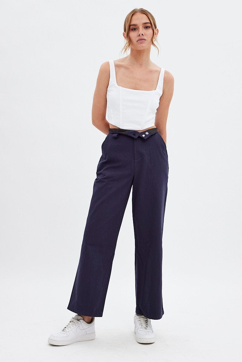 Blue Pant Straight Leg Turned Down Waist for Ally Fashion