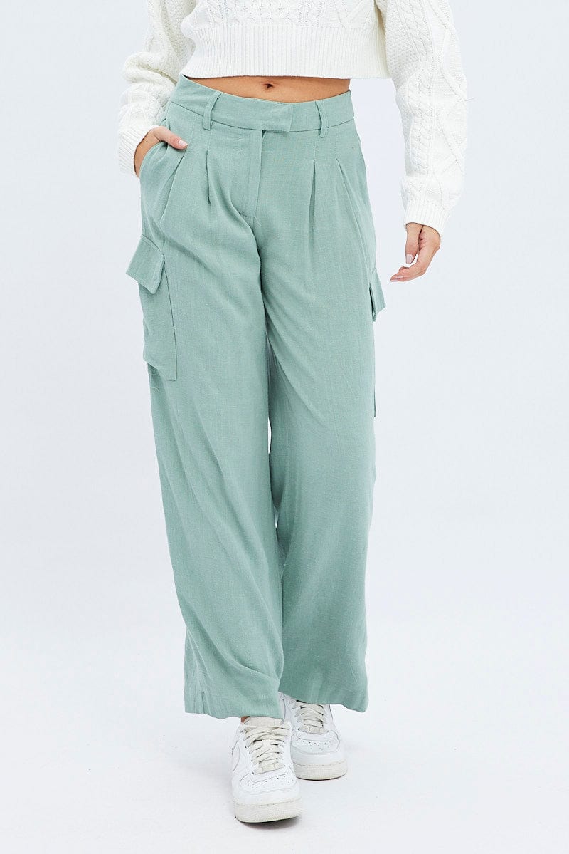 Green Cargo Pants Low Rise Wide Leg for Ally Fashion