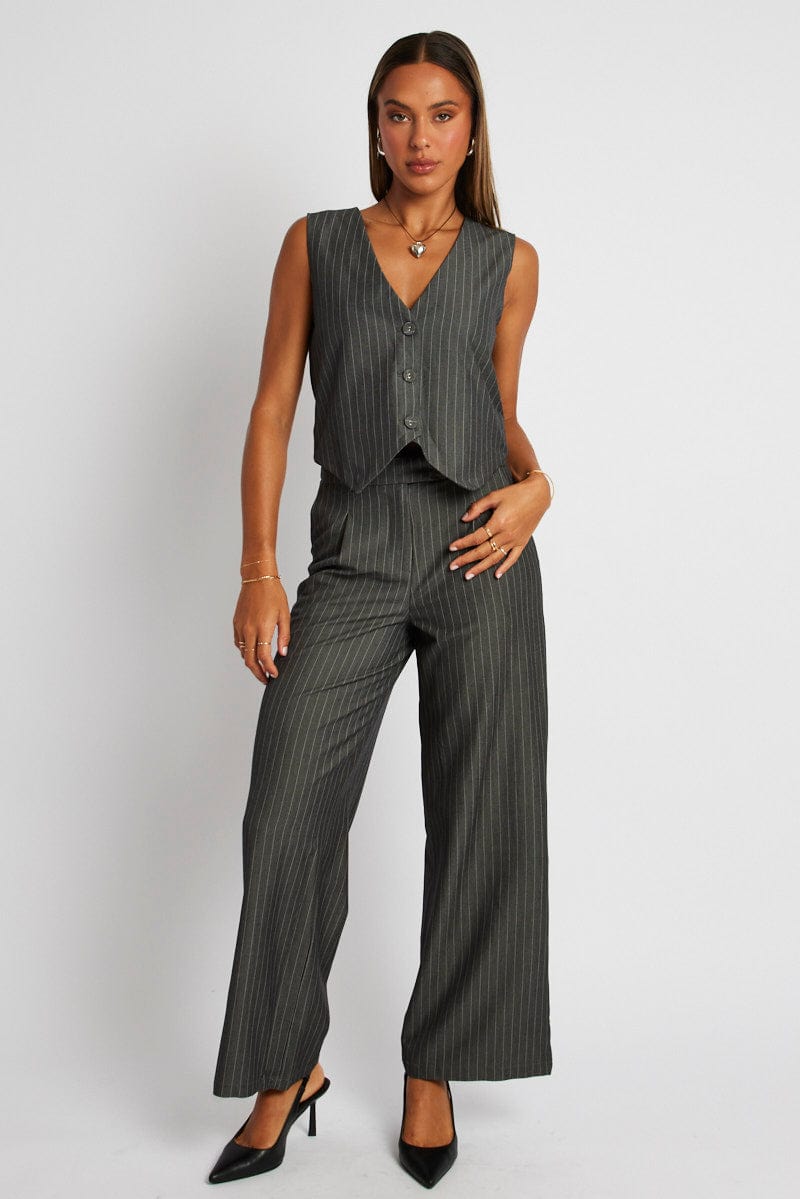 Grey Stripe Wide Leg Pants High Rise for Ally Fashion