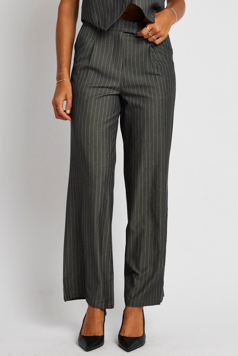 Grey Stripe Wide Leg Pants High Rise for Ally Fashion