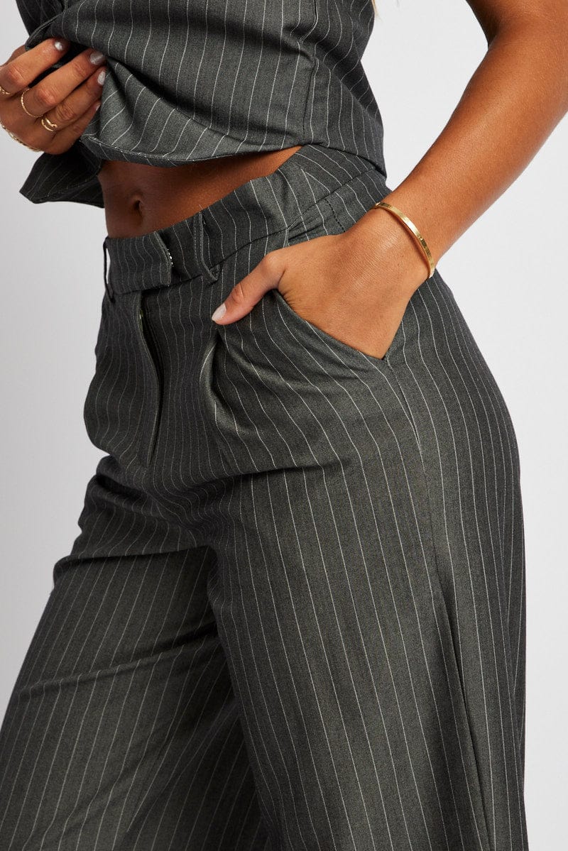 Grey Stripe Wide Leg Pants High Rise for Ally Fashion