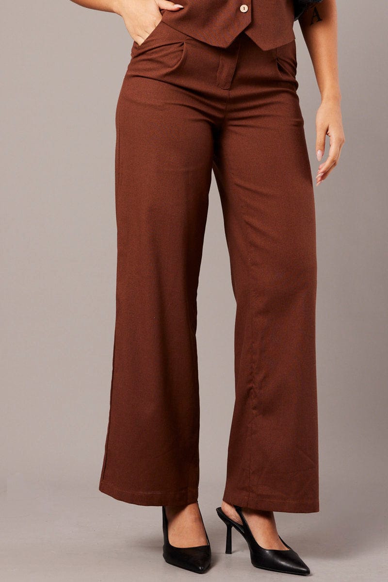 Brown Wide Leg Pants High Rise for Ally Fashion