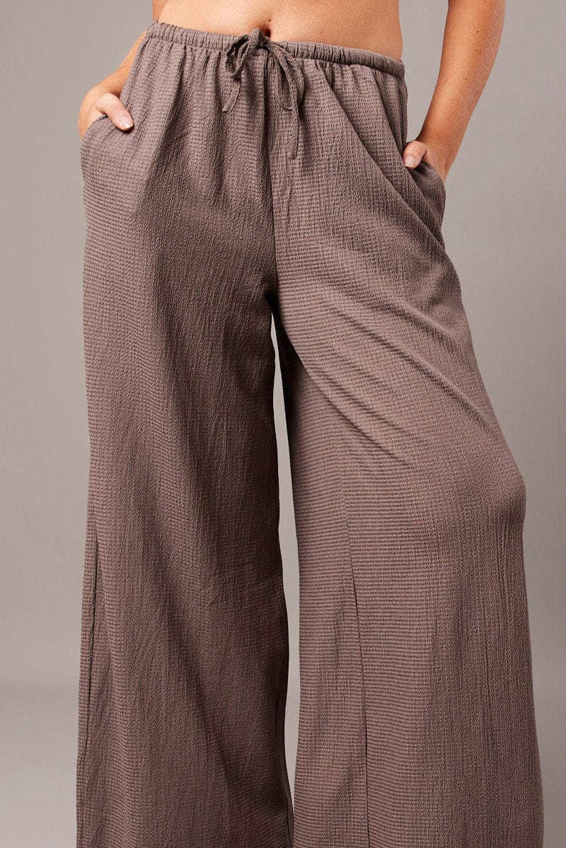 Brown Wide Leg Pants High Rise Textured Fabric for Ally Fashion
