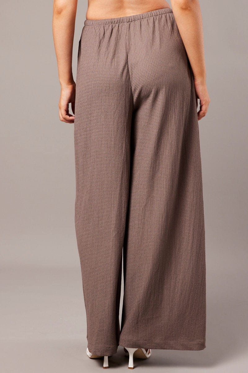 Brown Wide Leg Pants High Rise Textured Fabric for Ally Fashion