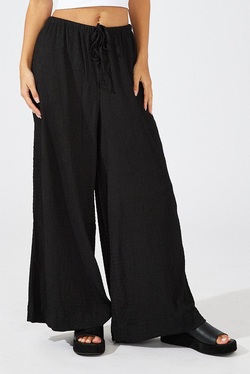 Black Wide Leg Pants High Rise Textured Fabric | Ally Fashion
