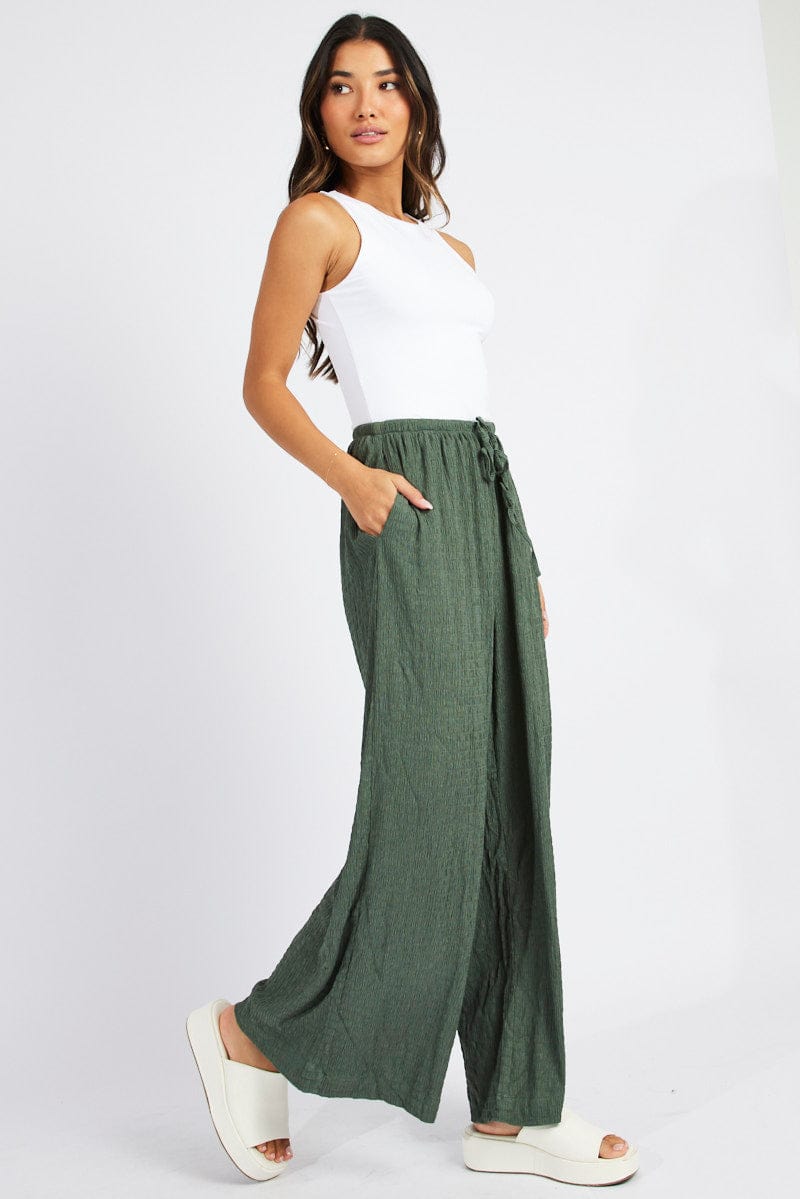 Green Wide Leg Pants High Rise Textured Fabric | Ally Fashion