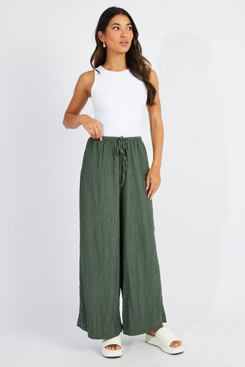 Green Wide Leg Pants High Rise Textured Fabric | Ally Fashion