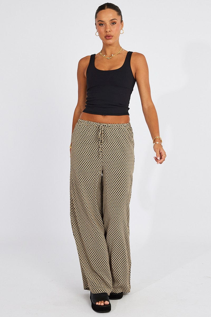 Beige Geo Wide Leg Pants Drawstring Waist for Ally Fashion