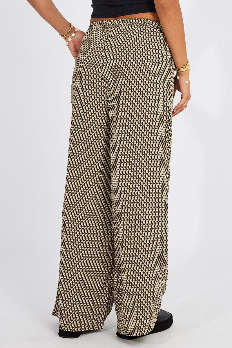 Beige Geo Wide Leg Pants Drawstring Waist for Ally Fashion