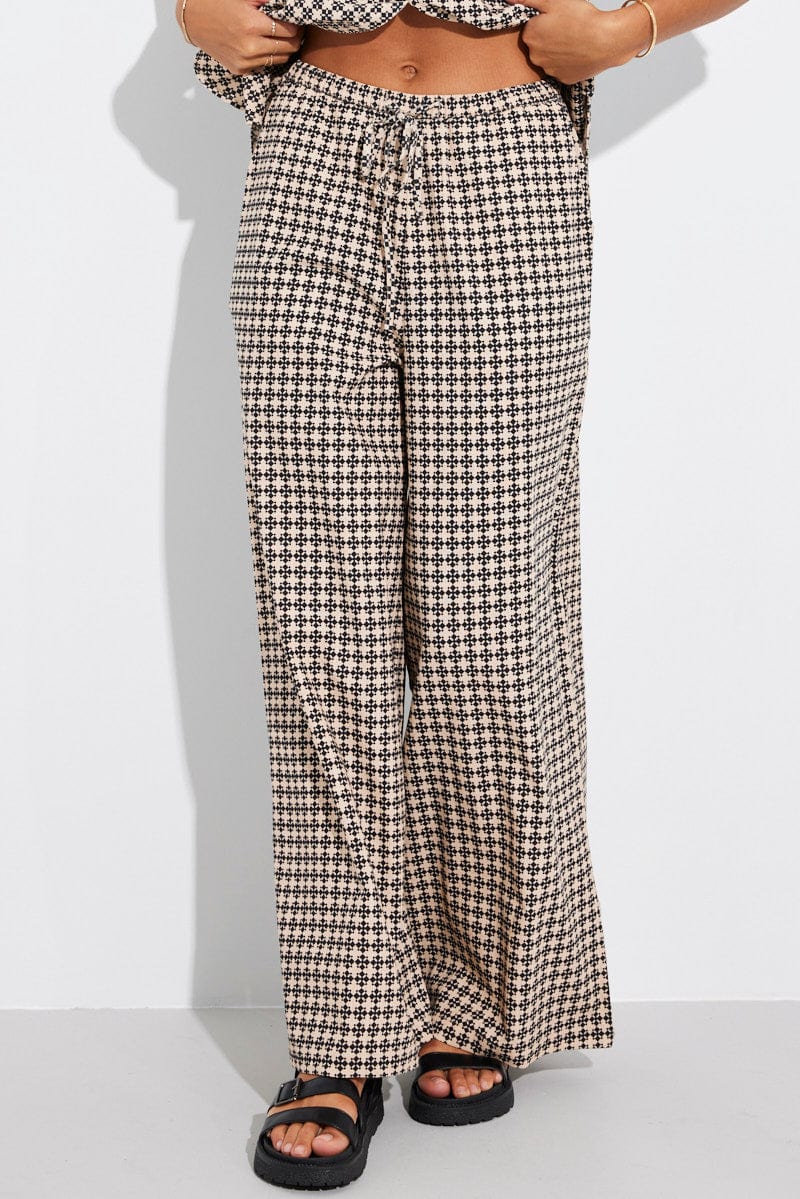 Brown Geo Wide Leg Pants Mid Rise for Ally Fashion
