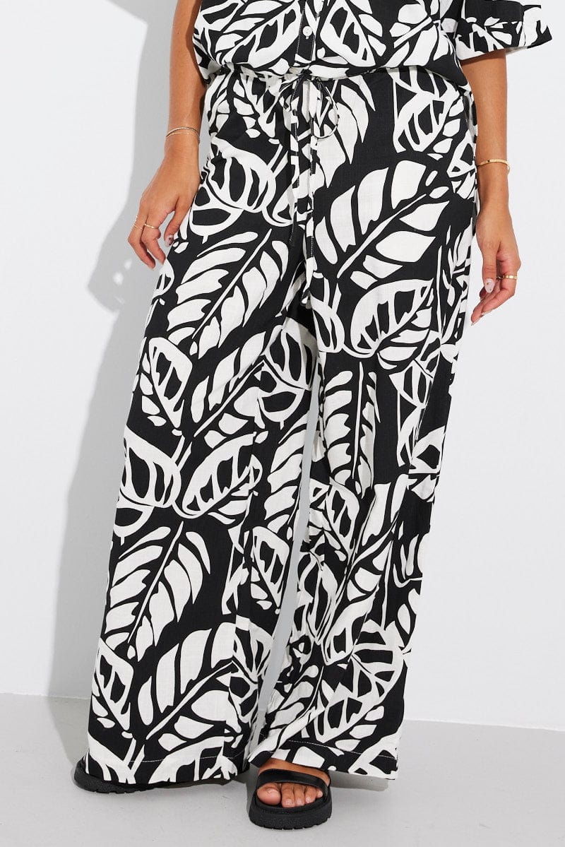 Black Abstract Wide Leg Pants Mid Rise for Ally Fashion