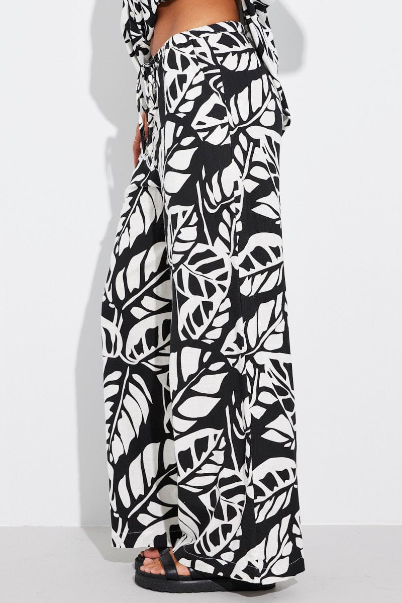 Black Abstract Wide Leg Pants Mid Rise for Ally Fashion