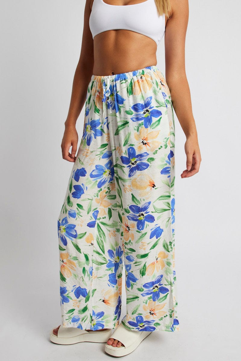 White Floral Wide Leg Pants Mid Rise for Ally Fashion