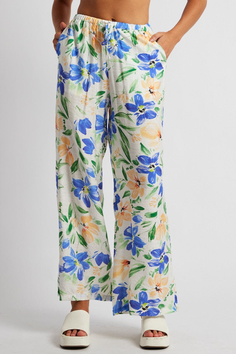 White Floral Wide Leg Pants Mid Rise for Ally Fashion