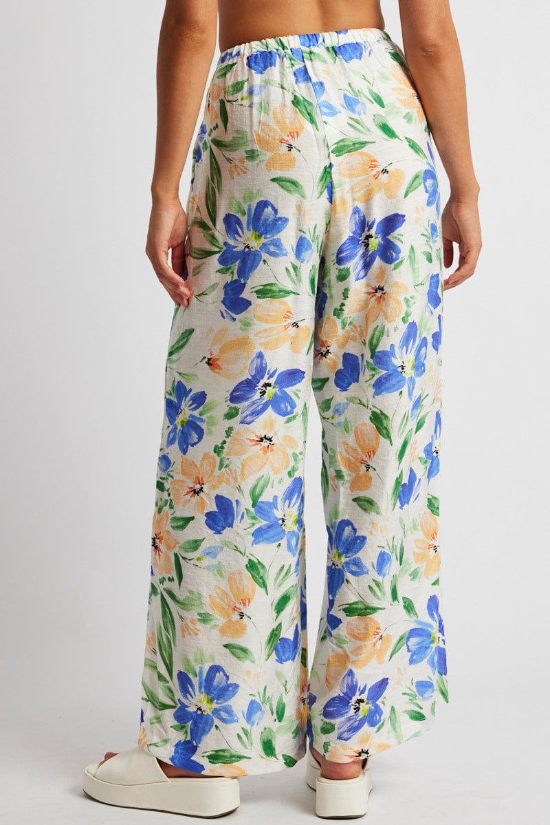 White Floral Wide Leg Pants Mid Rise for Ally Fashion