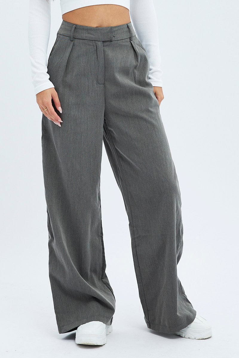 Grey Wide Leg Pants Low Rise for Ally Fashion