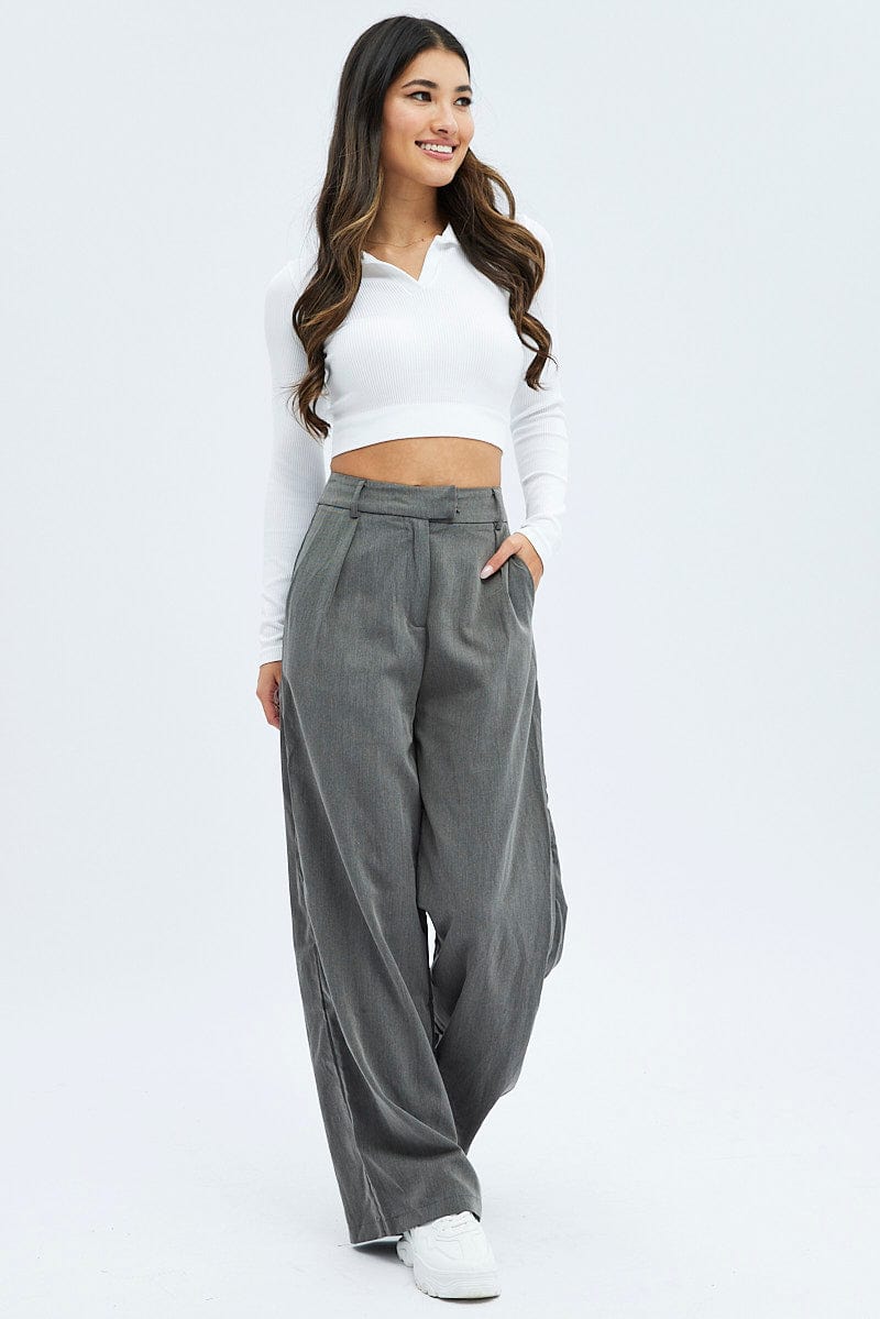 Grey Wide Leg Pants Low Rise for Ally Fashion