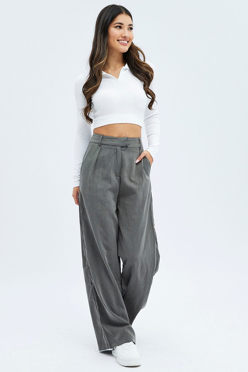 Grey Wide Leg Pants Low Rise Ally Fashion - Main Image