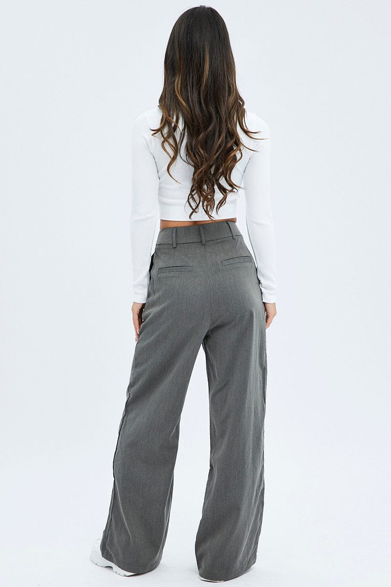Grey Wide Leg Pants Low Rise | Ally Fashion Grey Wide Leg Pants Low Rise | Ally Fashion