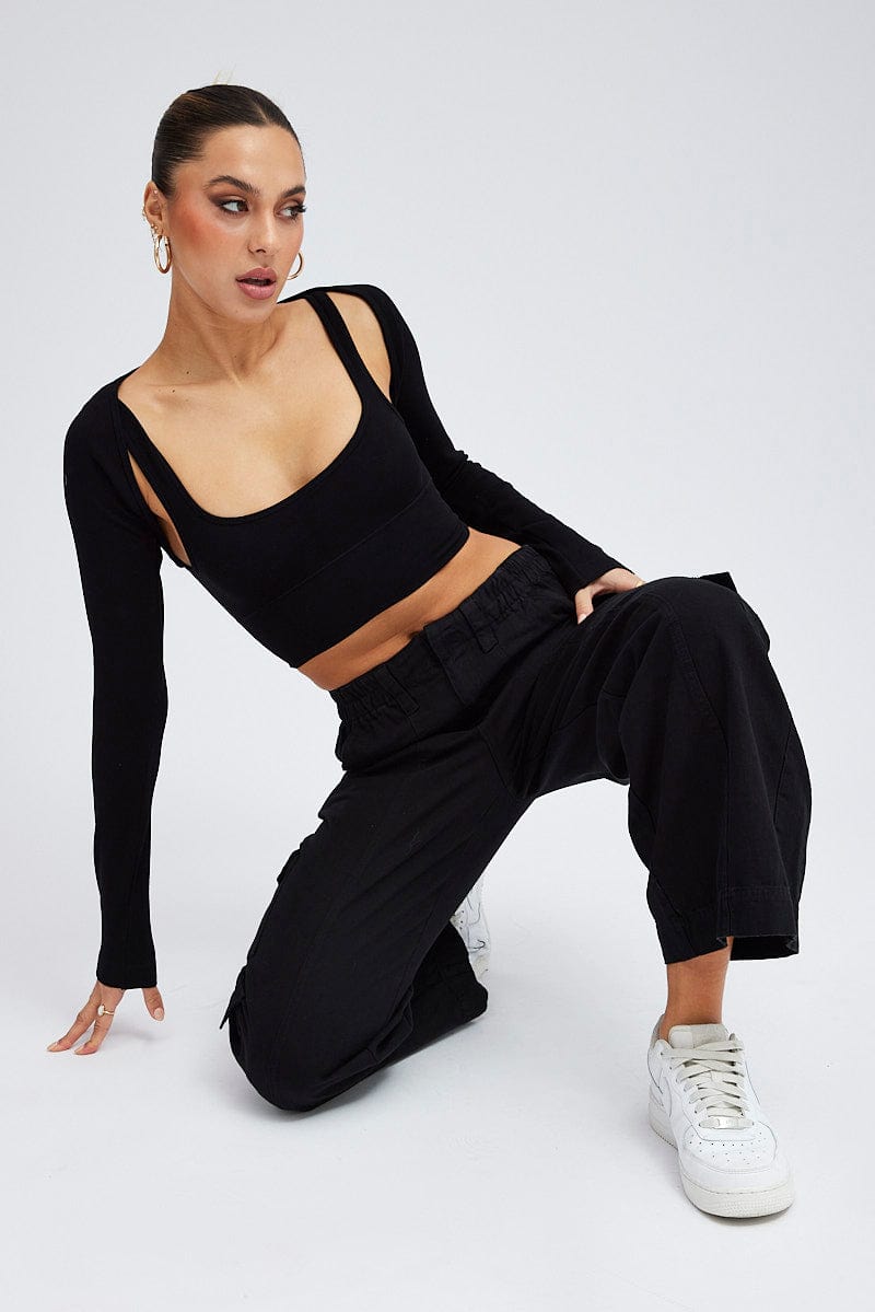 Black Cargo Pants Mid Rise for Ally Fashion