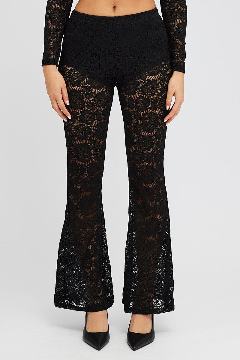 Black Flare Leg Pants Mid Rise Lace for Ally Fashion