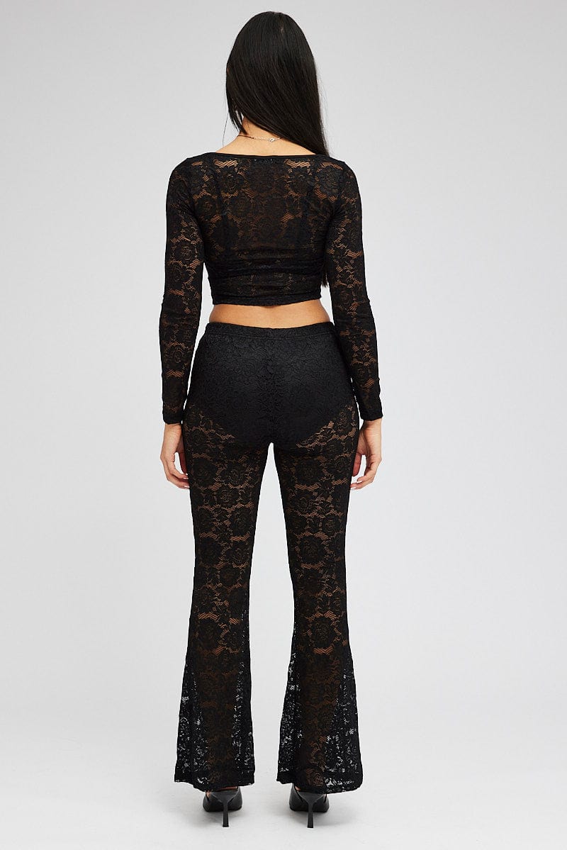 Black Flare Leg Pants Mid Rise Lace for Ally Fashion