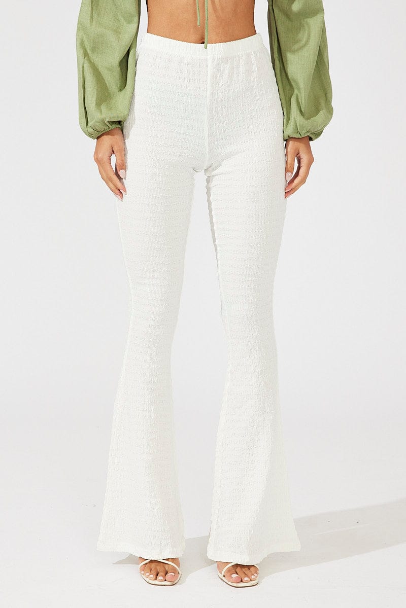 White Flare Leg Pants Textured Jersey for Ally Fashion