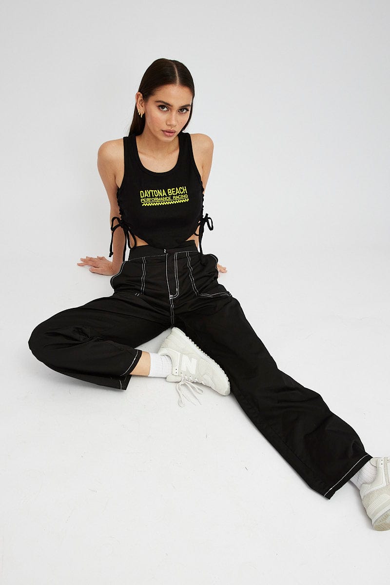 Black Cargo Pants Mid Rise Contrast Stitch for Ally Fashion