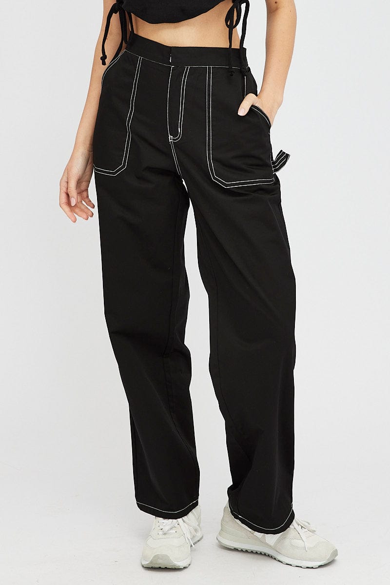 Black Cargo Pants Mid Rise Contrast Stitch for Ally Fashion