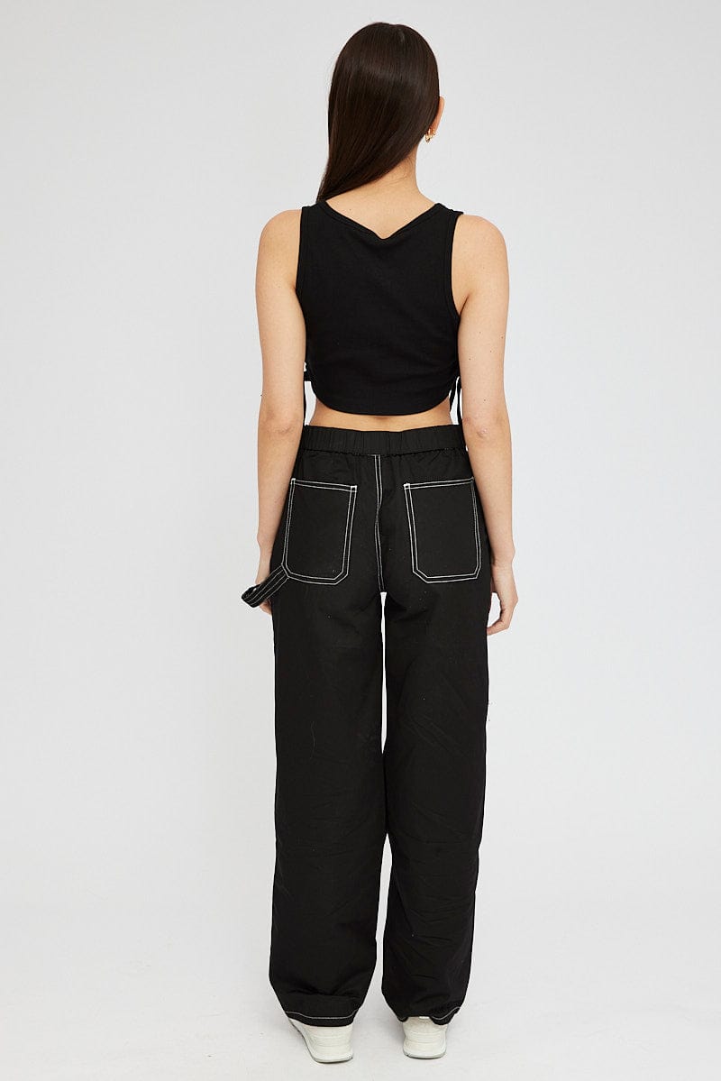 Black Cargo Pants Mid Rise Contrast Stitch for Ally Fashion