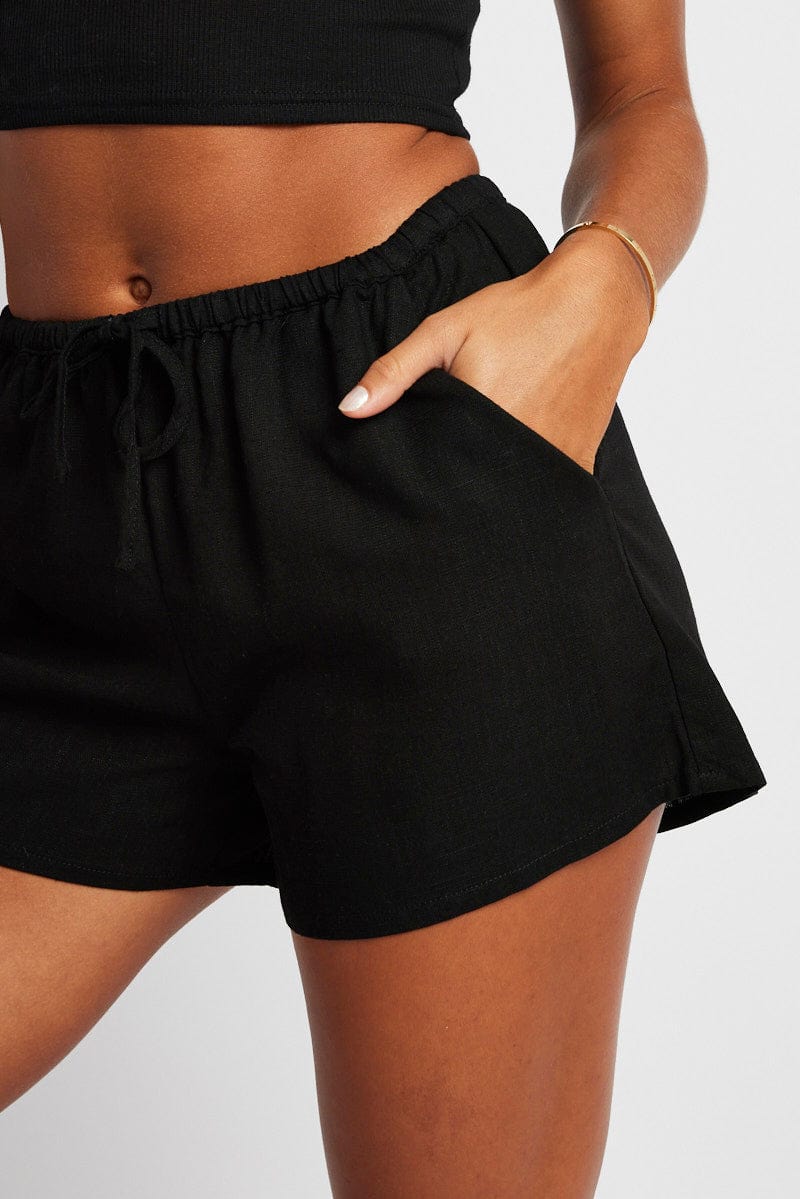 Black Shorts High Rise Elasticated Waist Linen Blend for Ally Fashion