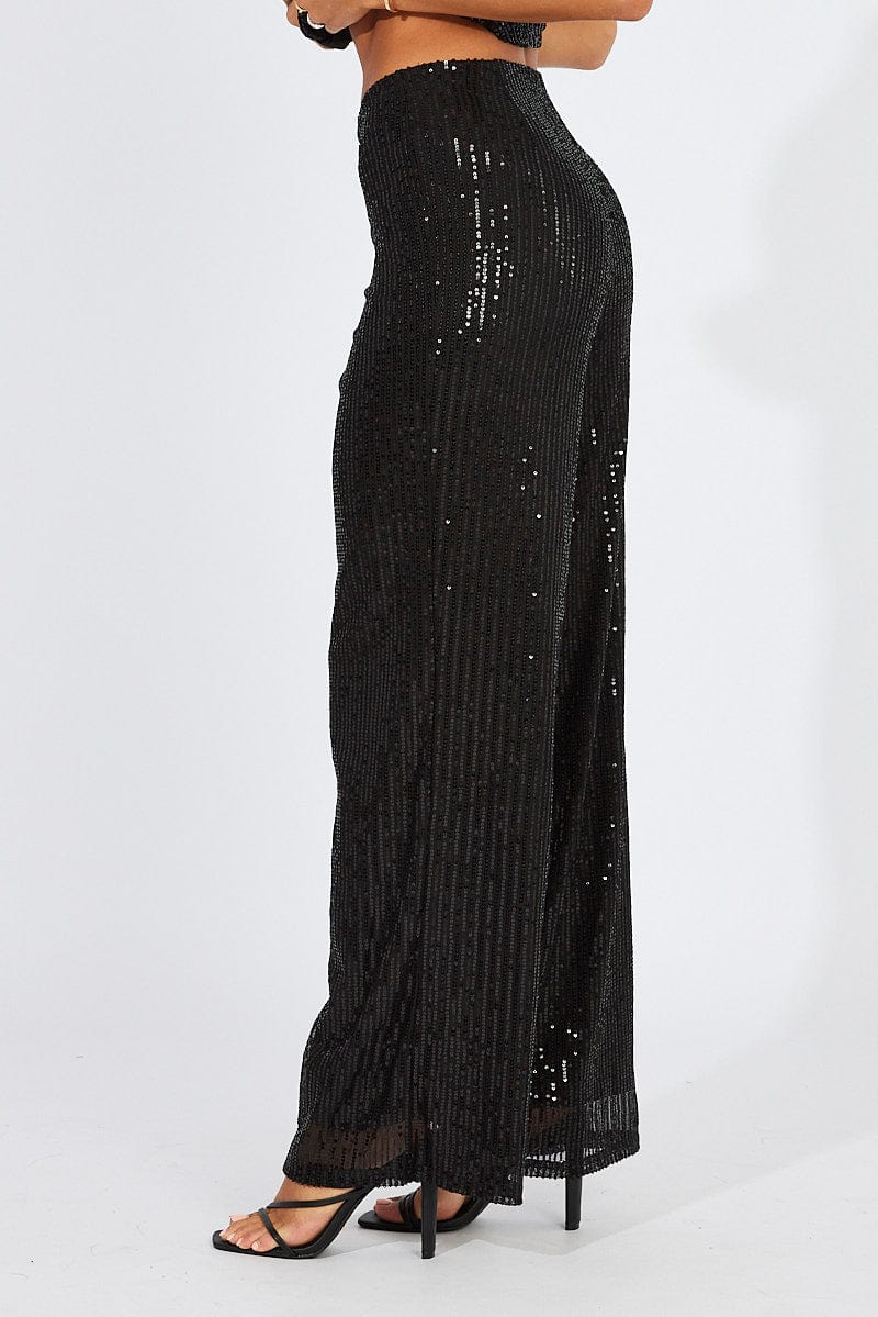 Black Wide Leg Pants High Rise Sequin for Ally Fashion