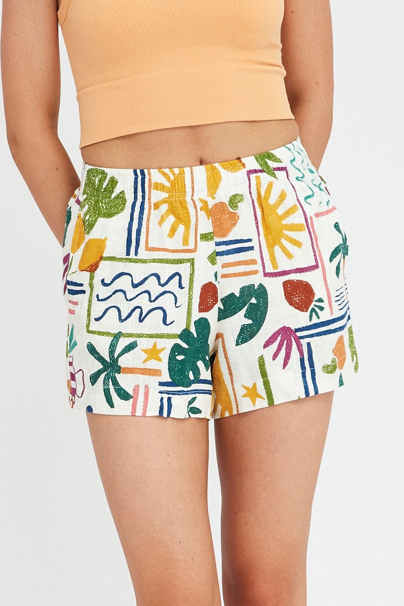 Green Abstract Shorts High Rise Linen Blend for Ally Fashion