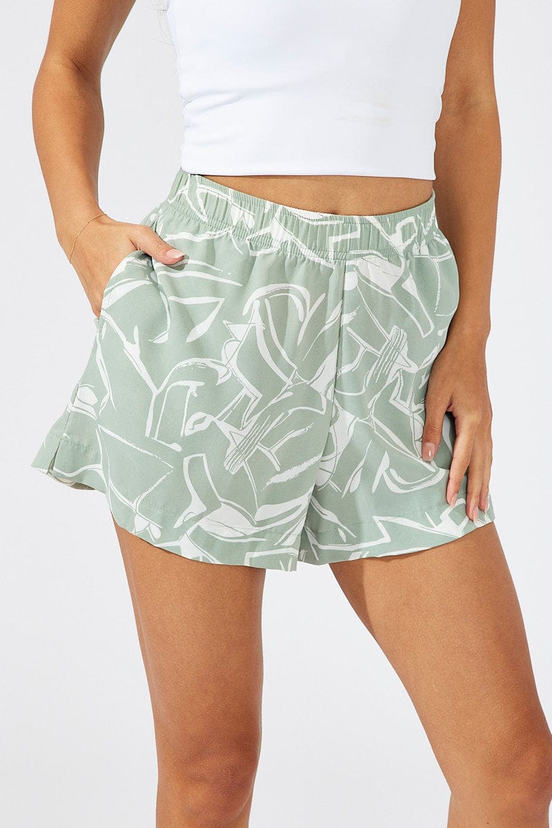 Green Abstract Shorts High Rise Linen Blend for Ally Fashion