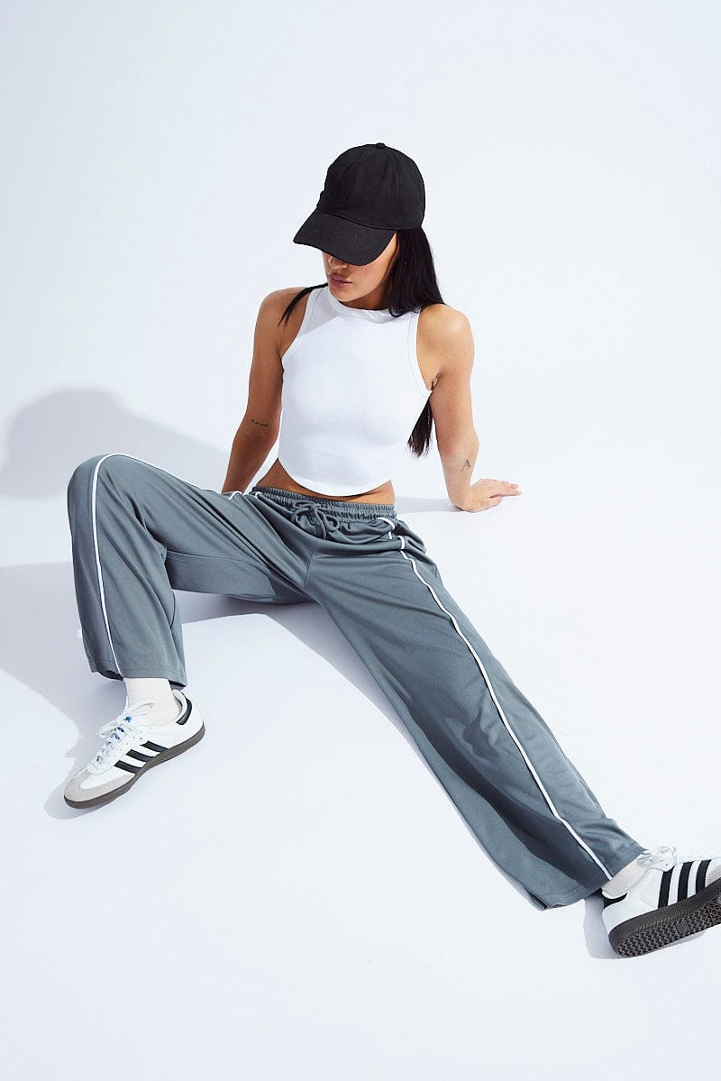 Grey Wide Leg Track Pants Mid Rise for Ally Fashion