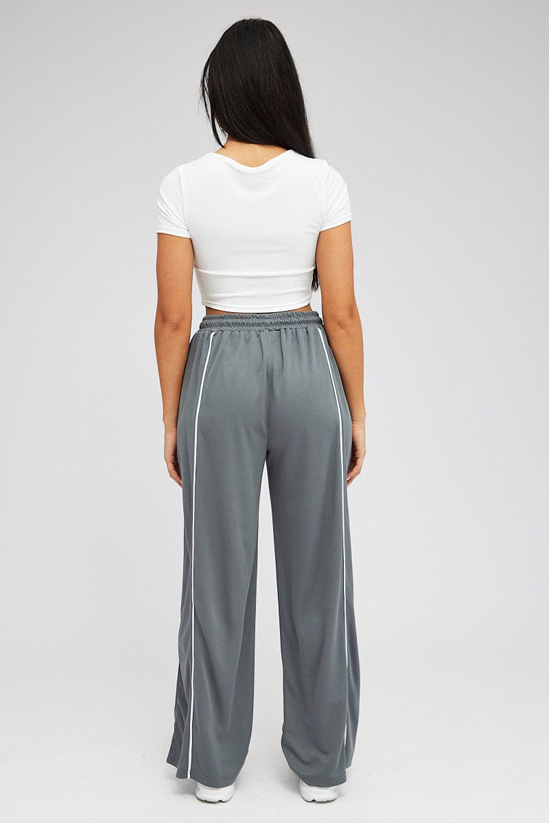 Grey Wide Leg Track Pants Mid Rise for Ally Fashion