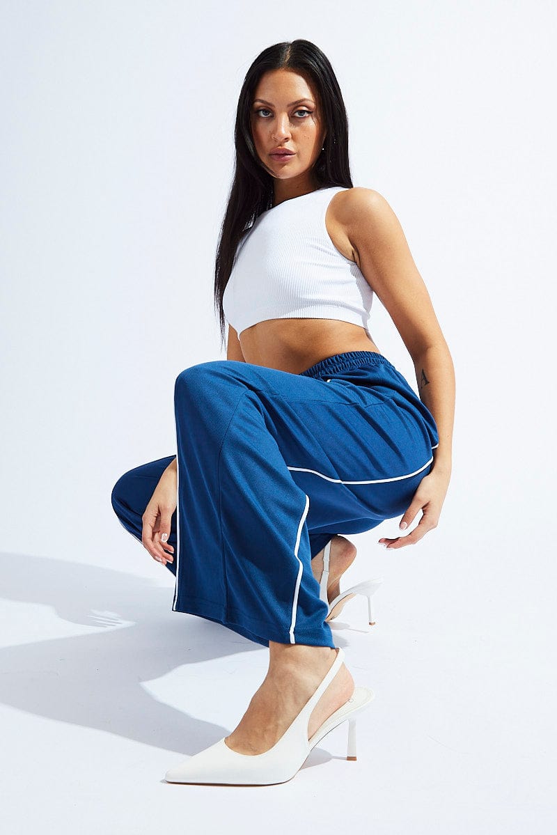 Blue Wide Leg Track Pants Mid Rise for Ally Fashion