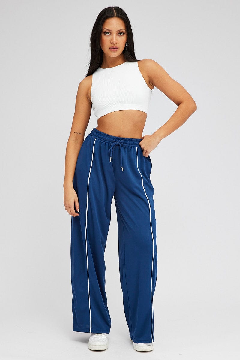 Blue Wide Leg Track Pants Mid Rise for Ally Fashion