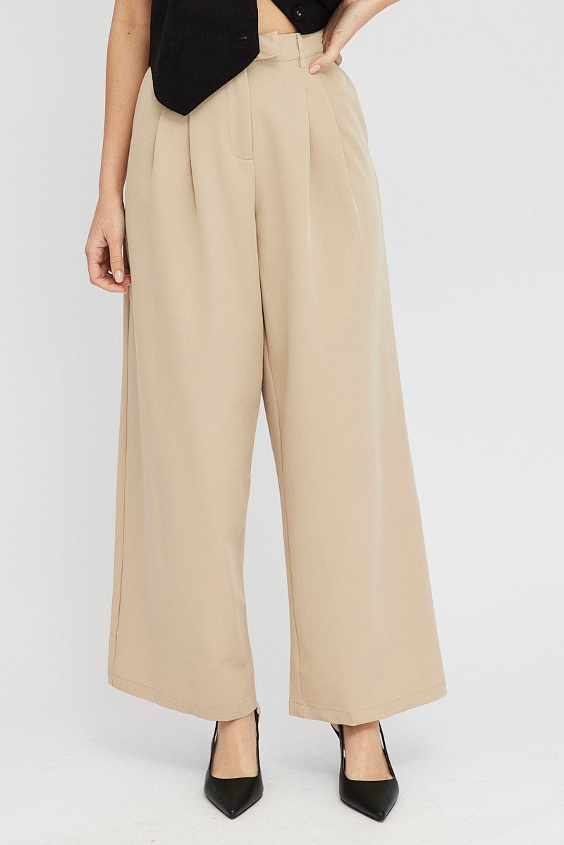 Beige Wide Leg Pants Tailored Low Rise | Ally Fashion